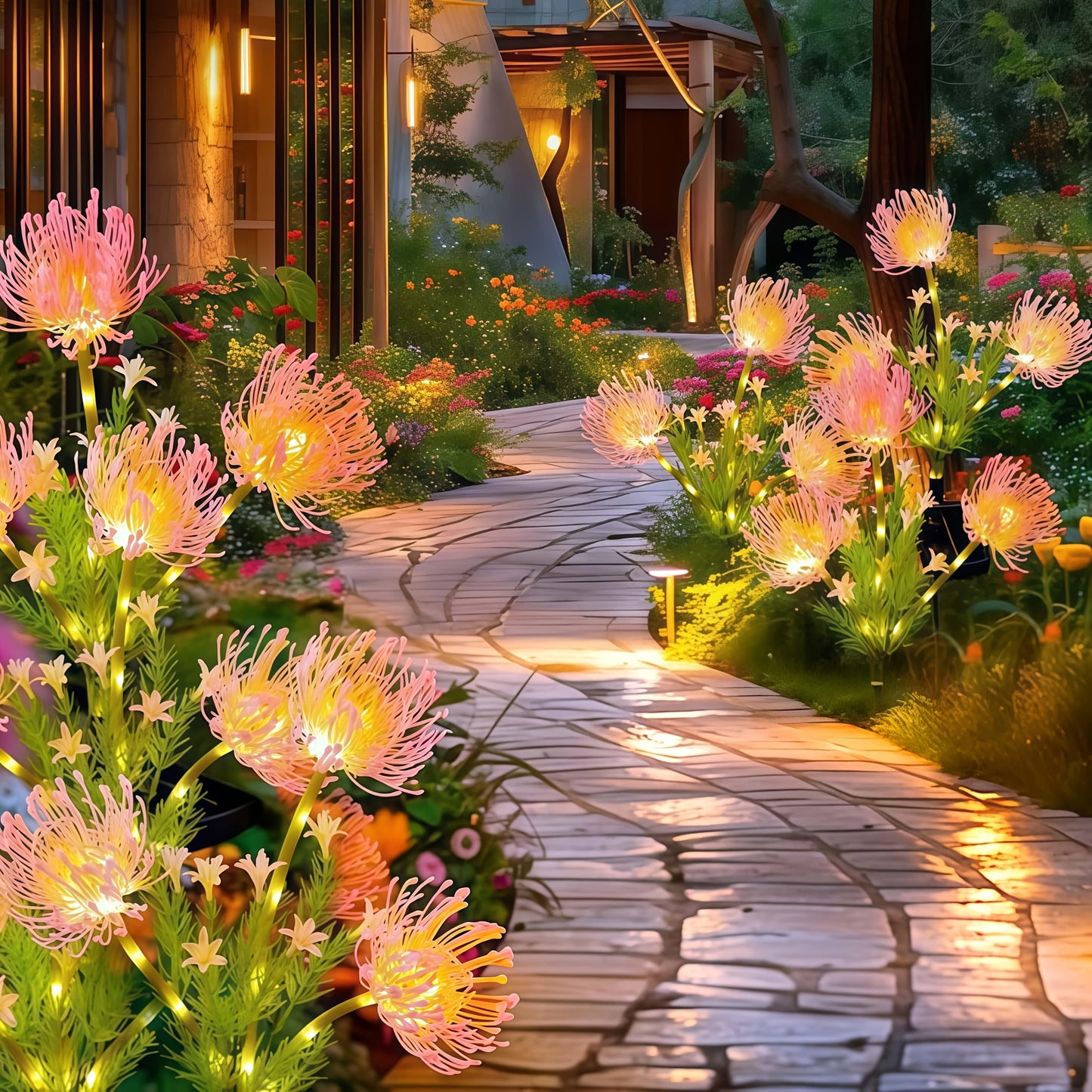 Outdoor decorative LED solar-powered pink lotus flower garden lights for patio, deck, and yard. Weather-resistant and smart lighting with lotus flower design.