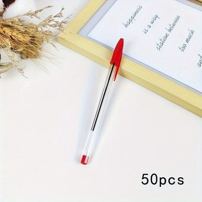 50 transparent round rod quick-drying ballpoint pens with black ink for office and school use.