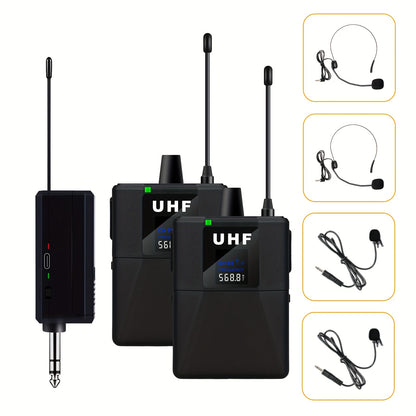 Wireless dual-channel lavalier microphone for SLR cameras, live interviews, phone recording, and headworn headset.