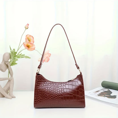 Stylish women's shoulder bag with crocodile embossing, wide strap, solid color, zip closure, phone holder, and available colors in coffee, light brown, pink, green, and black.