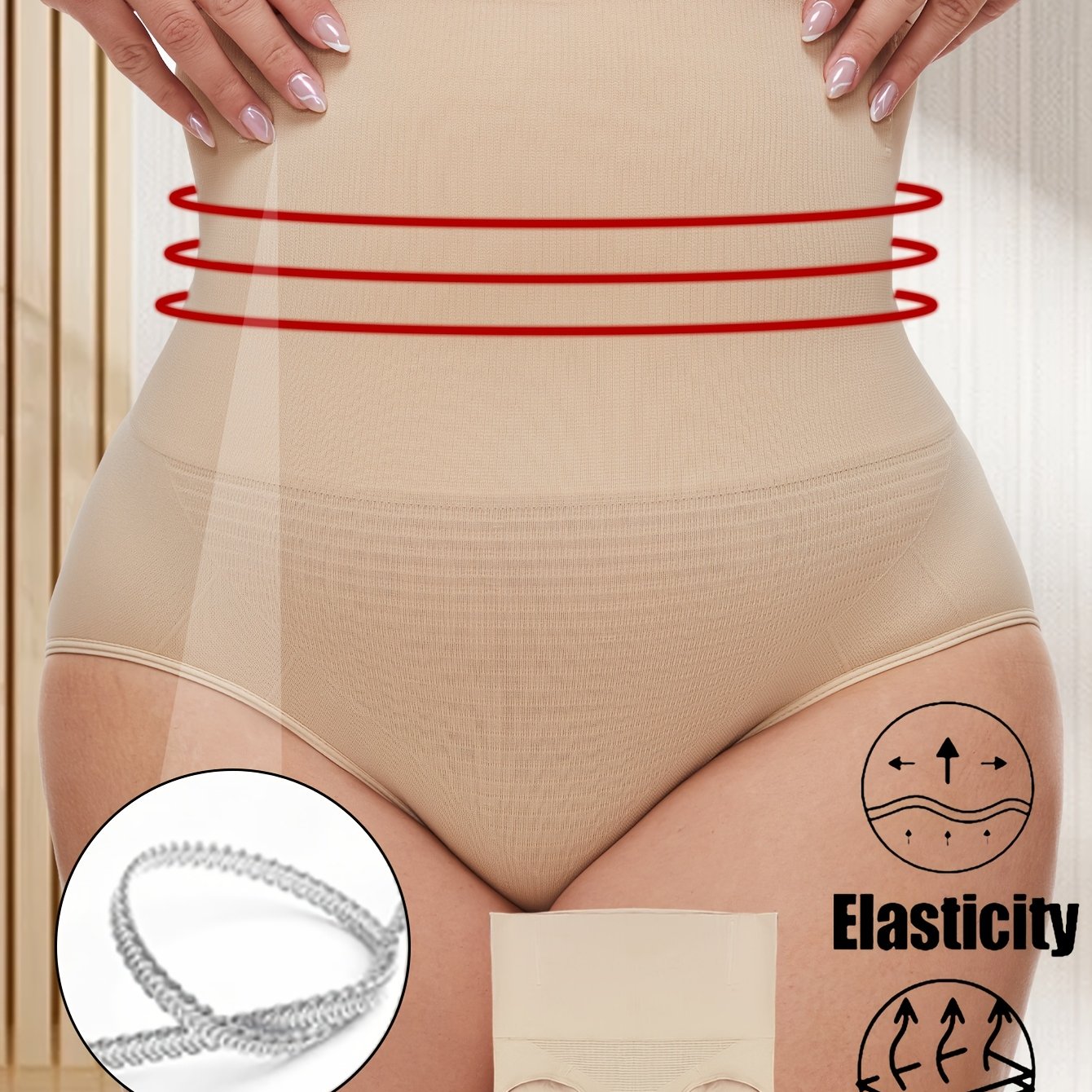 High-waist shaping panties for women with tummy control and butt lift. Breathable fabric with memory cartilage for elasticity support. Ideal for yoga and casual wear in beige. Suitable for