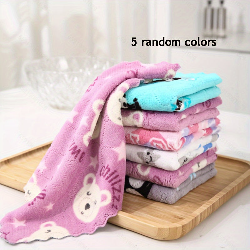 5 cute coral fleece kitchen rags for easy cleaning, double-sided and thickened for use as a table cloth in the kitchen.