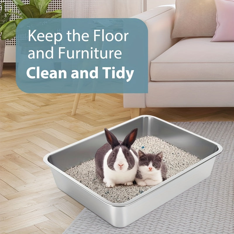 Stainless steel cat litter box with low side entry for cats & rabbits, odor-resistant and easy to clean.