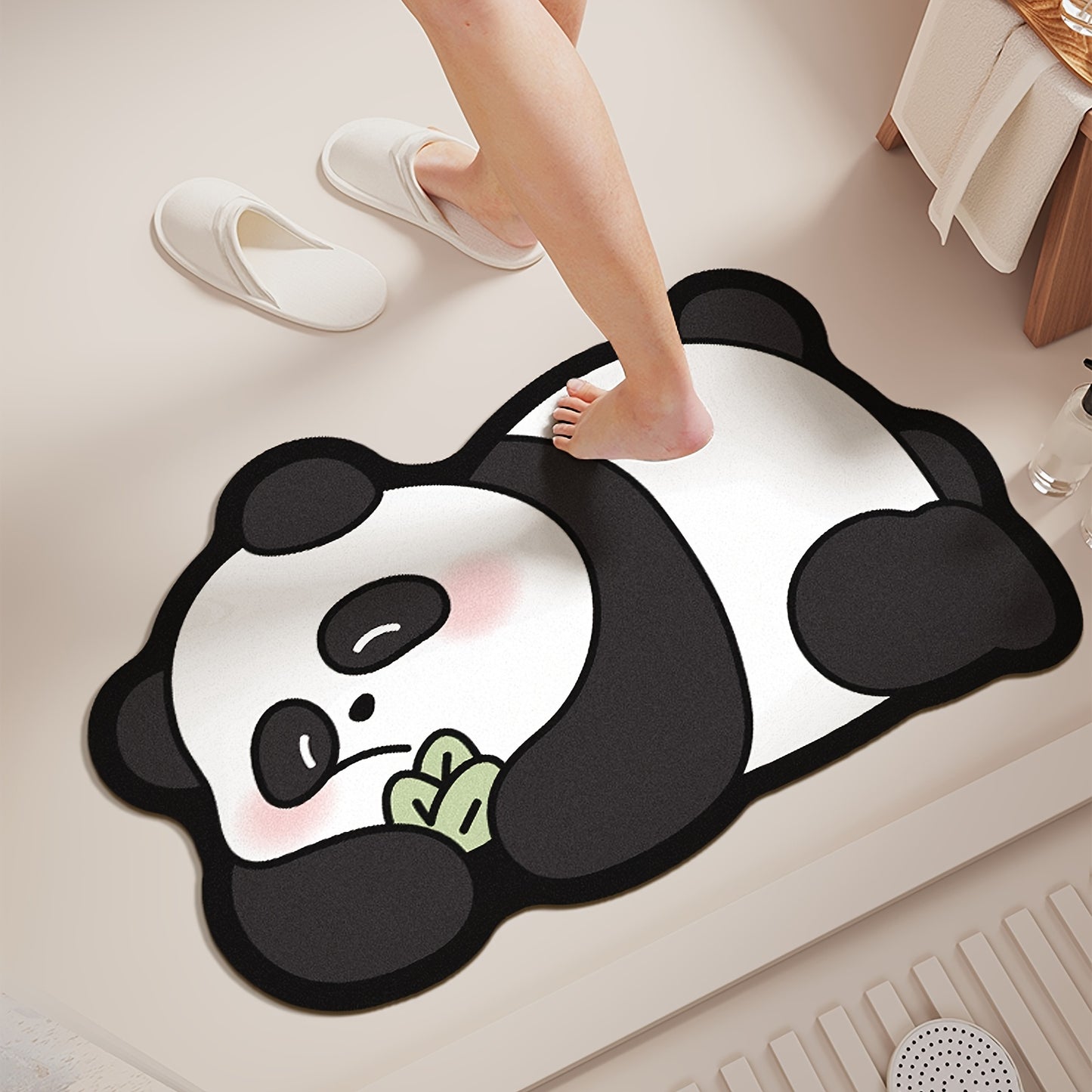 Super absorbent bath mat with cute panda print, non-slip and quick-drying, ideal for bathroom or outdoor use.