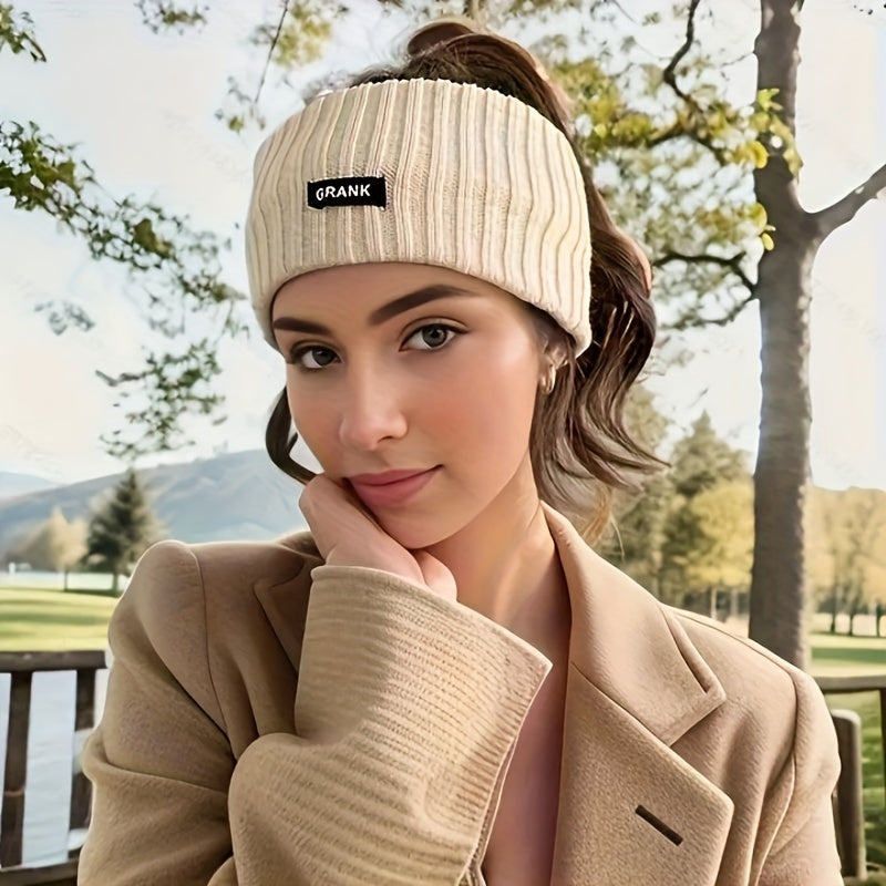 Soft cotton knit headband with braided turban style and ribbed texture, featuring "GREAN" label. Comes in beige, brown, light brown, and dark gray colors. Elegant design for stylish ear