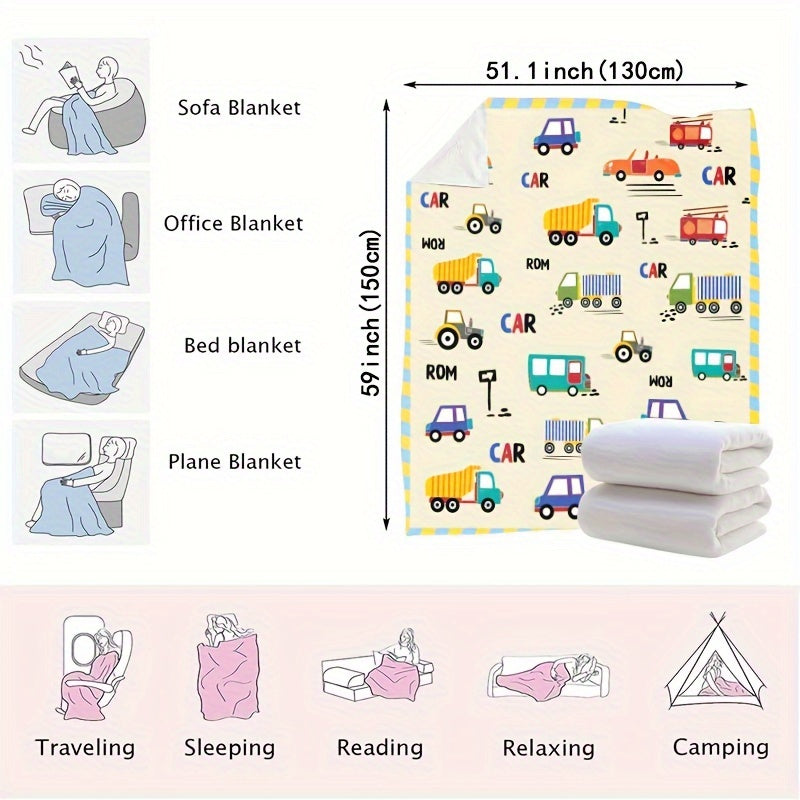 This modern cartoon car and truck print flannel wearable blanket is tear-resistant, soft, and warm. Made from a cozy knit fabric, it's perfect for boys and girls to snuggle up with. The digital print design makes it ideal for napping on beds, sofas, or