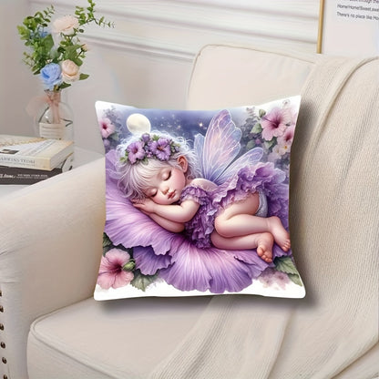 Angel girl plush pillowcase with fairy tale design featuring a sleeping fairy, floral motifs, and starry night sky. Ideal for bedroom or living room decor. Does not include pillow insert. Mystical and soft.