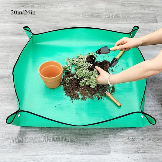 Durable, waterproof PE plant mat for indoor and outdoor gardening. Easy to clean and portable with handles for convenient use. Perfect for repotting succulents and transplanting.