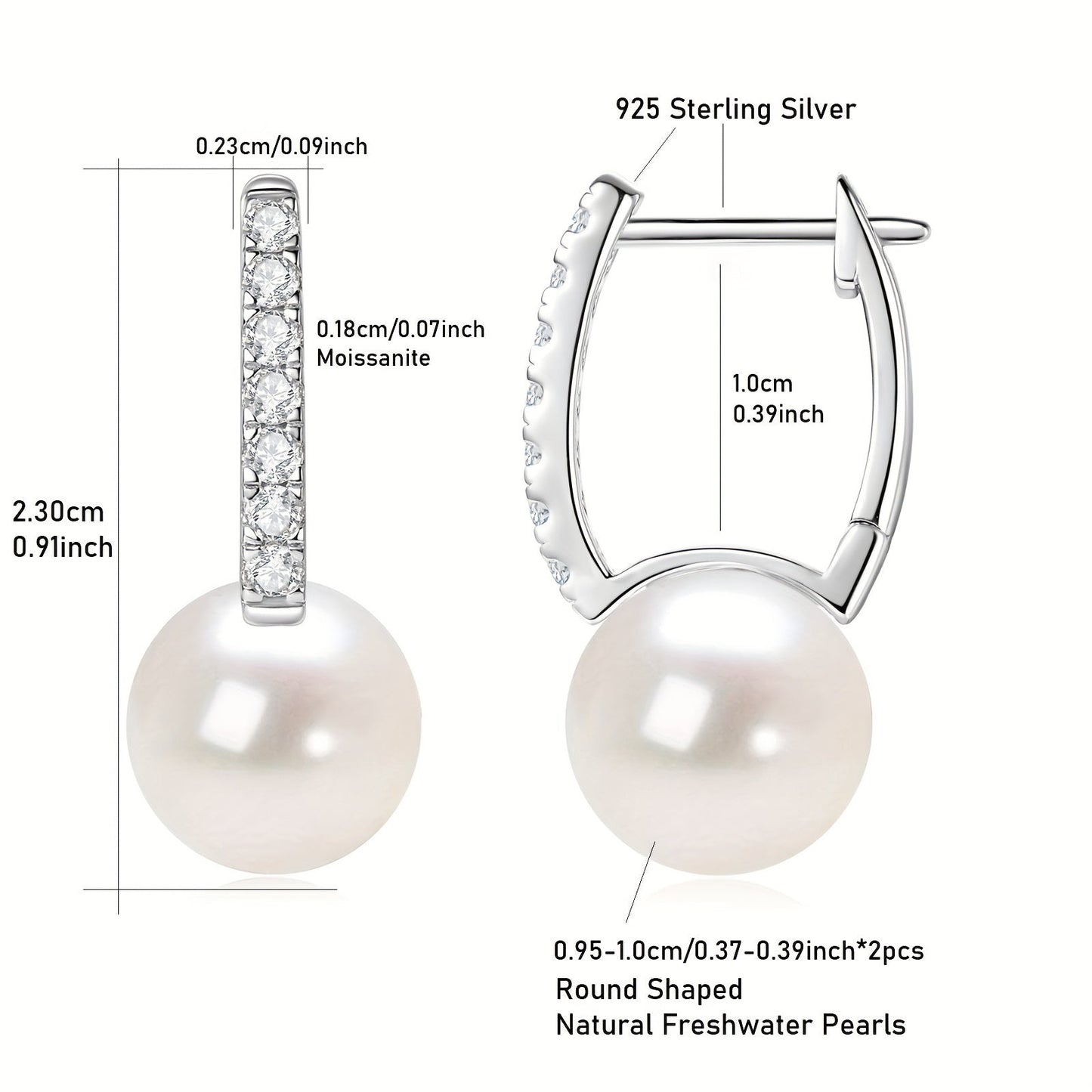 A pair of 925 Silver Women's Fashion Pearl Earrings featuring a round 9.5-10mm Natural Freshwater White Pearl and 14pcs of Moissanite stones measuring 1.8mm each, totaling 0.35ct. The earrings weigh 2.11g in total and are a stunning combination of pearls