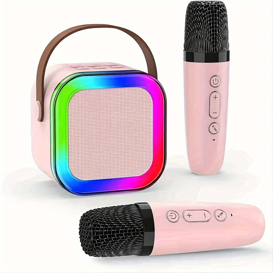 Compact karaoke speaker with wireless microphones, LED disco lights; ideal for home parties and special occasions like birthdays and Valentine's Day.