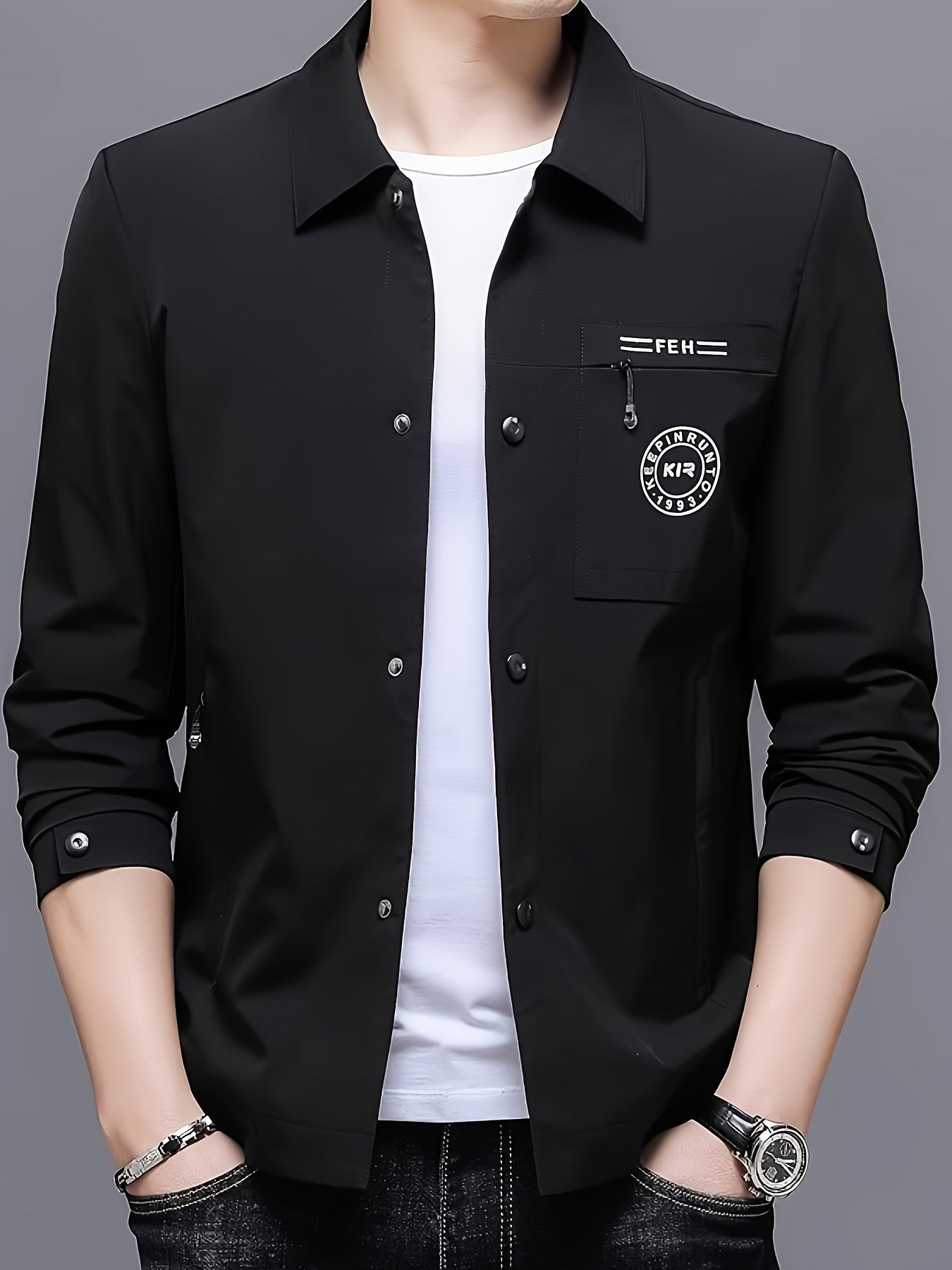 Men's stylish black button-up jacket featuring a "FEM" patch, perfect for casual and formal events in fall and spring. Made of polyester, single-breasted, and long-sleeved.