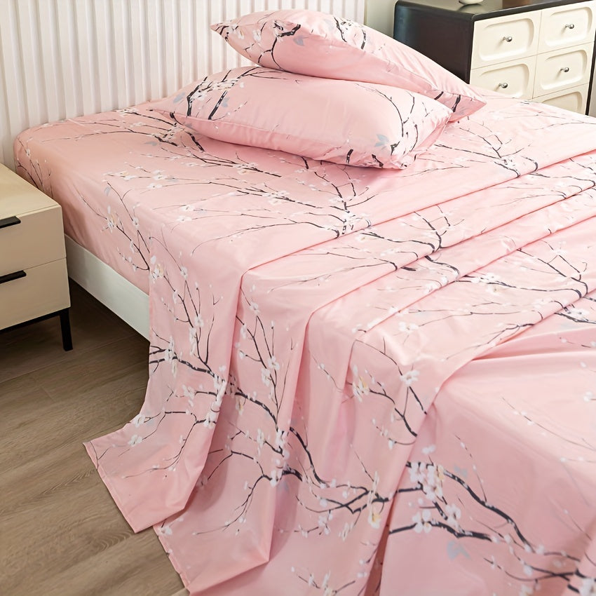 Floral Branch Fitted Sheet Set with 4 pieces, made of soft microfiber with deep pocket fitted sheet and included pillowcases. No core.