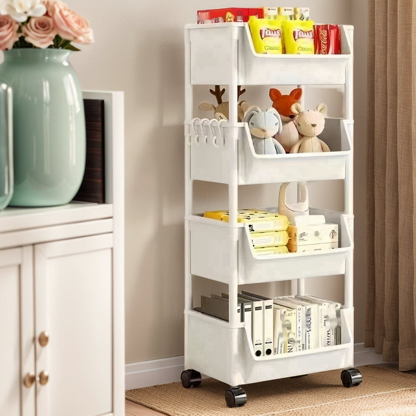 Versatile White Plastic Organizer Rack with Wheels - No Assembly Required! Perfect for Kitchen, Bathroom, and Home Storage - Ideal for Books, Snacks, and Household Items