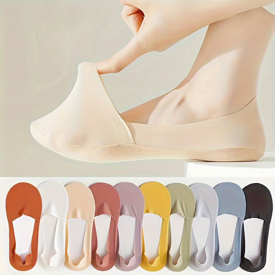 5 pairs of solid ice silk socks for women, non-slip and breathable low cut invisible socks.