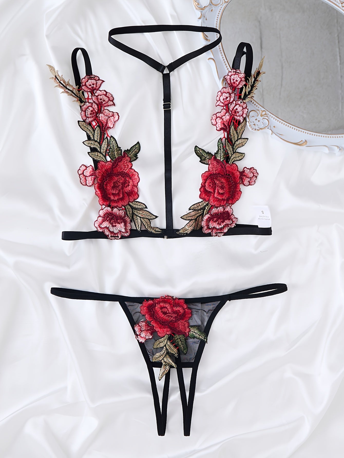 Midnight Flirt embroidered bra and thong set - super sexy lingerie for women with romantic floral design