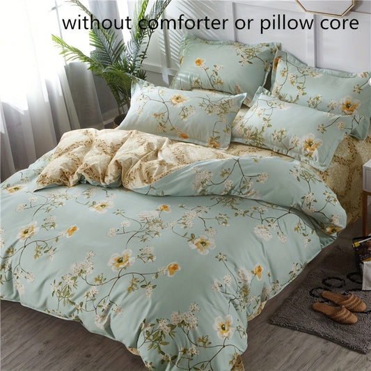 4-piece floral duvet cover set made of soft polyester fabric, includes flat sheet and pillowcases, featuring an elegant flower design for bedroom decor. Core not included.