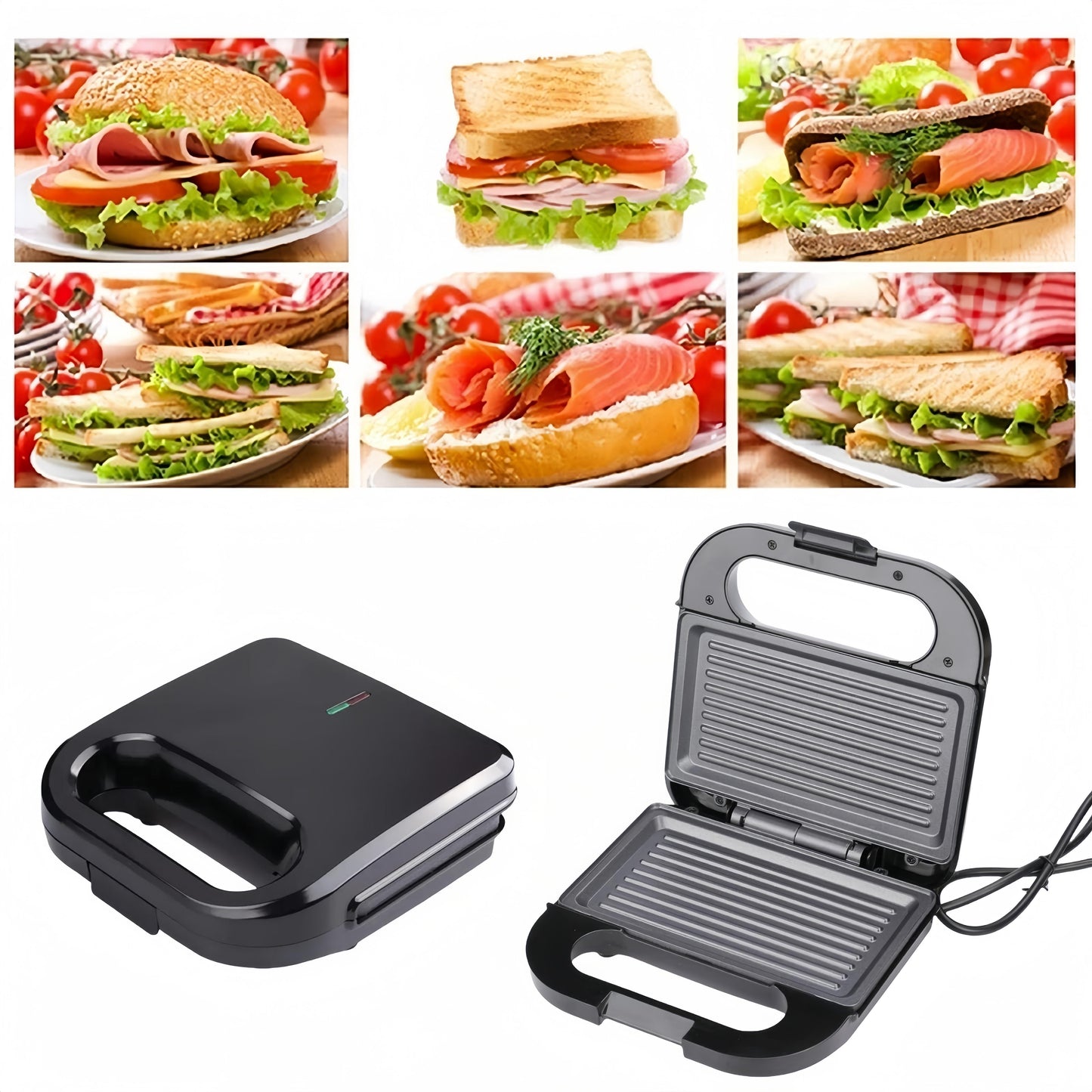 Double-sided 750W sandwich maker with non-stick coating, easy to clean. Ideal for toast, waffles, and veggies. 220-240V US plug.