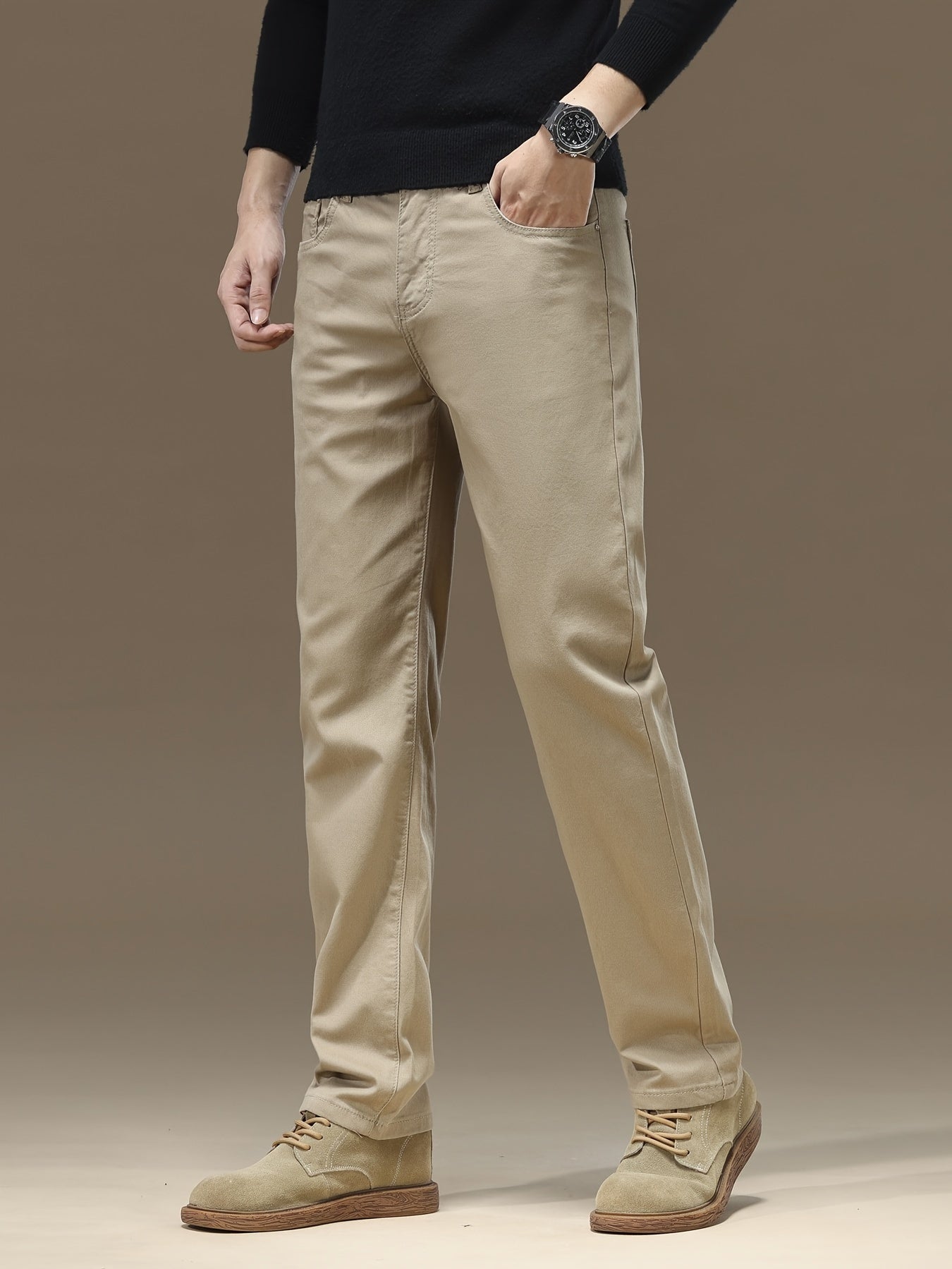 Men's cotton chinos with slight stretch and button fly closure - versatile for casual or business wear all year round