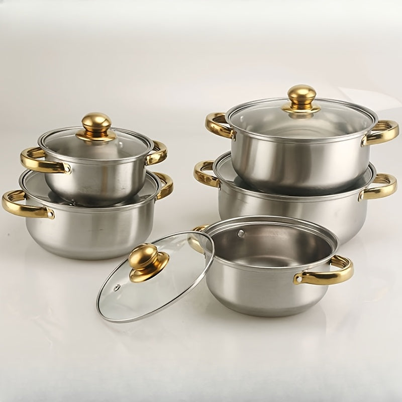 10-piece cookware set with gold-plated stainless steel double-handled soup pots for outdoor use.