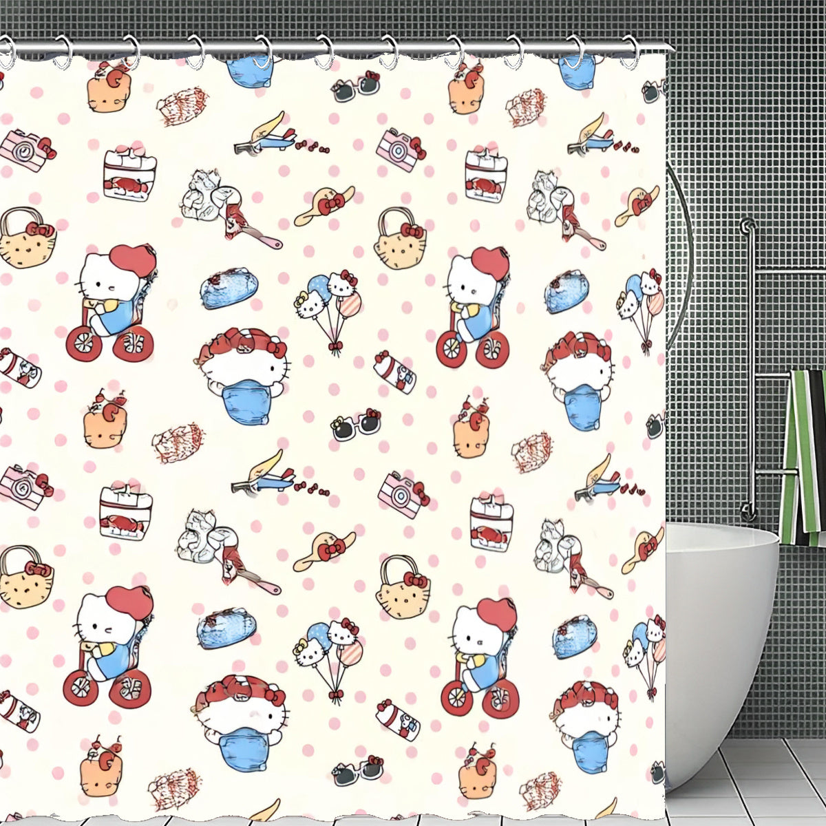 Get the perfect gift for Valentine's Day, Christmas, or New Year with the Hello Kitty 4pcs Bathroom Decor Set! This set includes a waterproof shower curtain with 12 hooks, a non-slip rug, toilet U-pad, and seat cover.