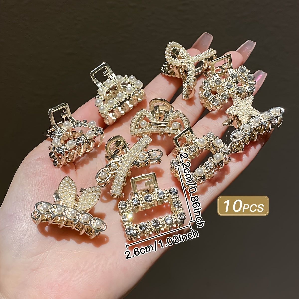 Hair gripper set of 10 small alloy mini hair catchers with rhinestone accents, perfect for princess hairstyles.