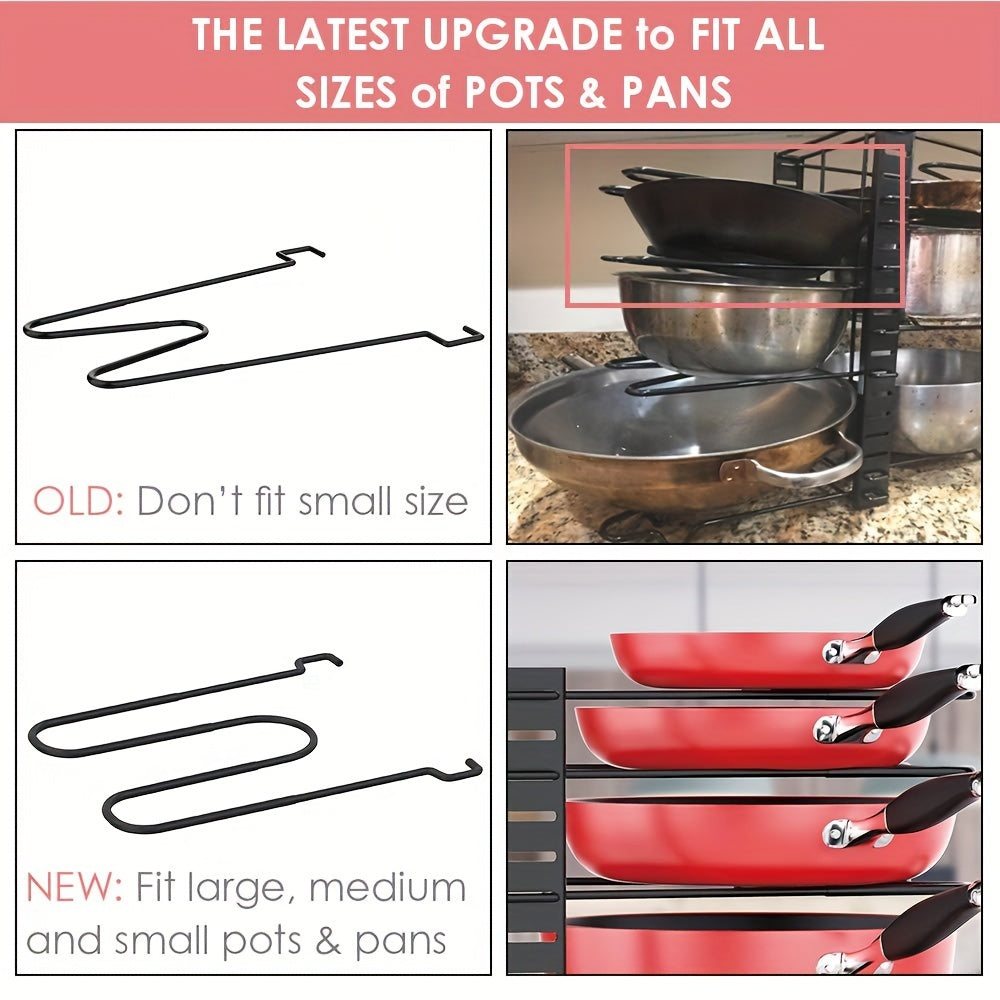 8-tier kitchen organizer rack made of rust-proof iron adjusts to fit under cabinets for space-saving storage of pots and pans.