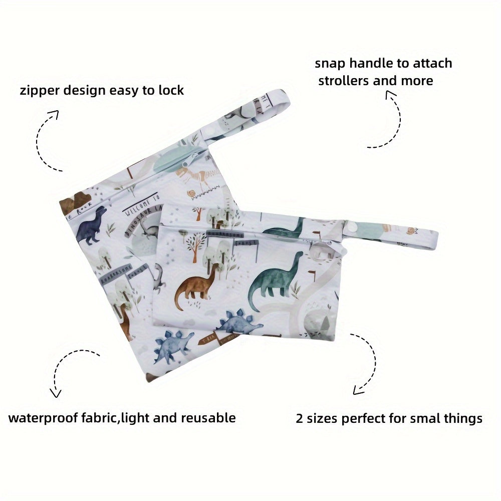 Set of 2 Asenappy Dinosaur Print Wet & Dry Bags, Made with Polyester Fiber for Waterproof and Reusable Diaper and Laundry Storage. Can also be Used as Makeup, Stroller, and Toy Organizer for Ages 14 and Up.