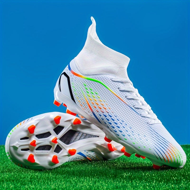 Durable turquoise and orange football cleats with TPU studs for superior grip, breathable lining, and EVA cushioning. Perfect for boys and girls in training and matches, competitive soccer.