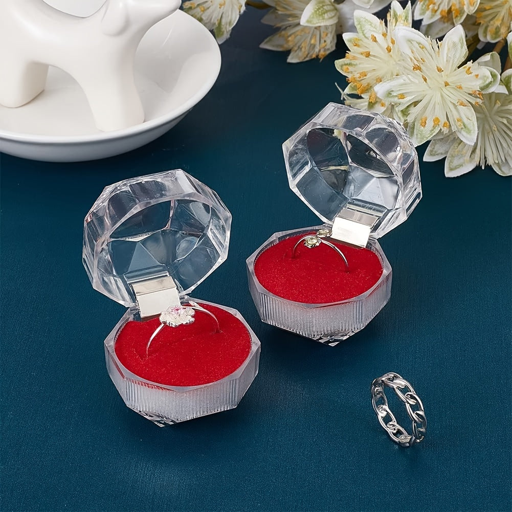 10 elegant octagonal crystal clear plastic ring boxes with metal interior - ideal for jewelry display, weddings, parties, and as jewelry boxes.