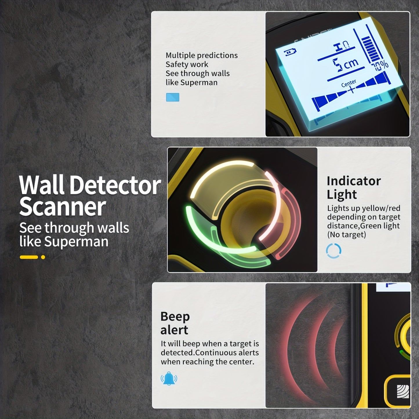 FNIRSI WD-01 Wall Detector Scanner with LED Digital Display and USB Charging. 0.1 Measurement Accuracy for Construction. Detects AC Live Cable Wires and Metal/Wood Studs. Made of Black ABS