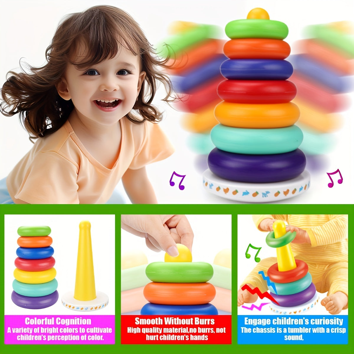 Toy Set: 6 Ring Rainbow Stacking Tower with Music and Colorful Blocks - Enhance Fine Motor Skills and Cognitive Development, Interactive Educational Toy for Preschoolers with Accessories, Perfect Holiday Gift.