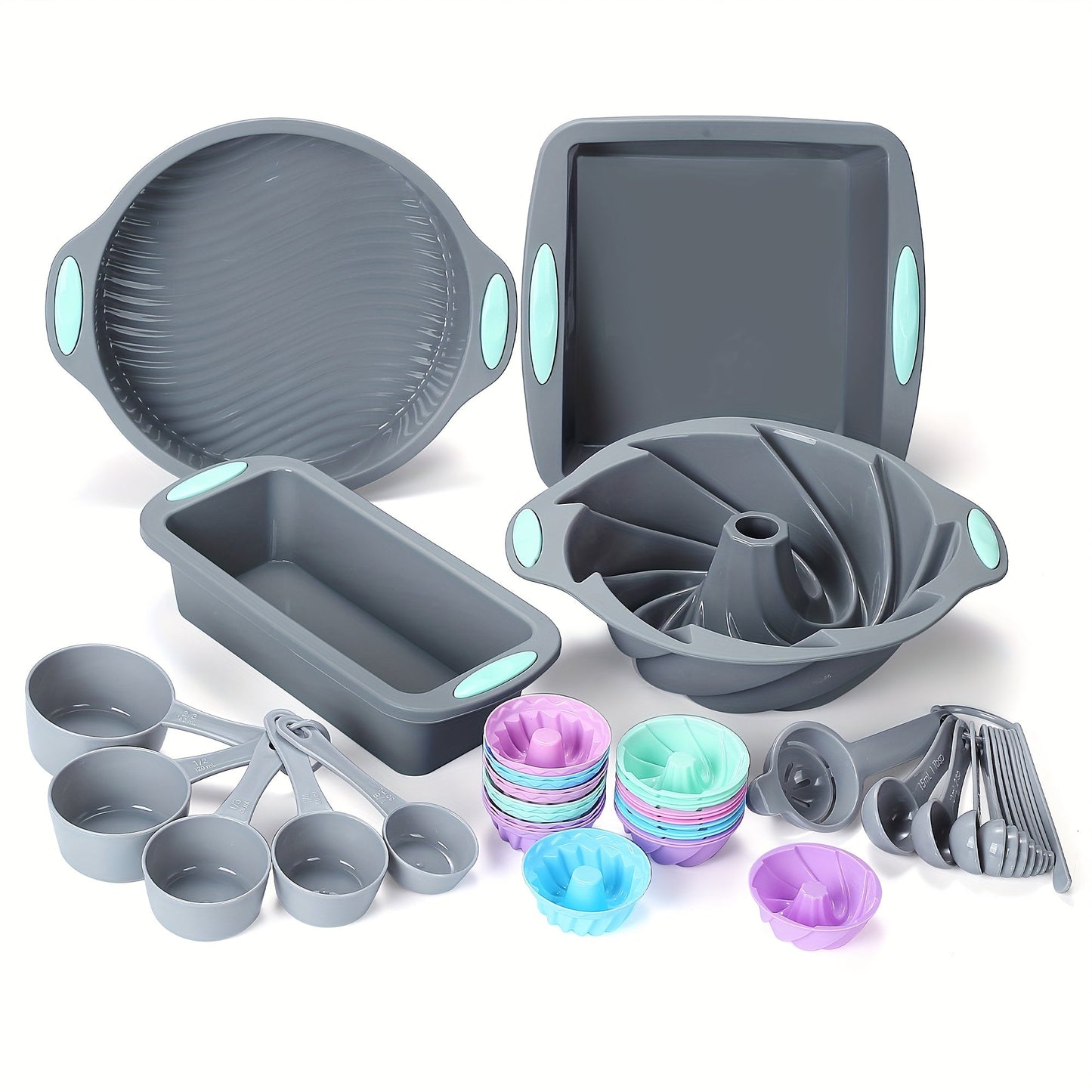 Silicone Baking Set with 45 Pieces including Nonstick Bakeware for Baking Cookies, Cakes, Muffins, and Breads. Set includes Loaf Pan, Cake Pan, Pizza Pan, Mini Cupcake Mold, Bundt Pan, Charlotte Cake Pan, and Measuring Cup and Spoon.