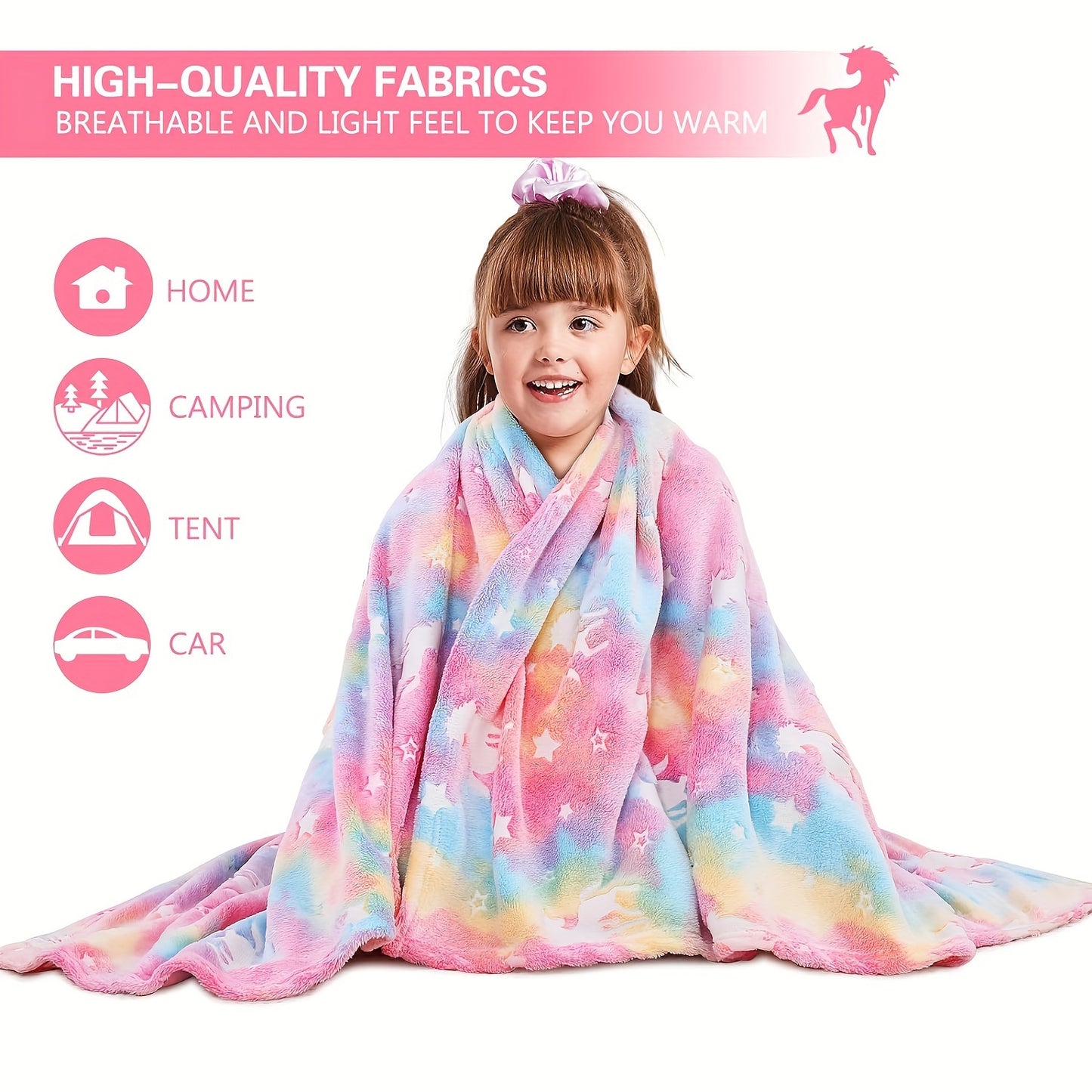 Bohemian Style Unicorn Glow in the Dark Throw Blanket for Kids - Soft Flannel Fleece, Great for Sofa, Bed, Car, and Office - Perfect Birthday Gift with Versatile Use - Machine Washable Polyester Blanket, Luminescent Anime Design, 250-300g