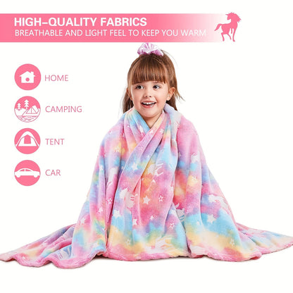 Bohemian Style Unicorn Glow in the Dark Throw Blanket for Kids - Soft Flannel Fleece, Great for Sofa, Bed, Car, and Office - Perfect Birthday Gift with Versatile Use - Machine Washable Polyester Blanket, Luminescent Anime Design, 250-300g