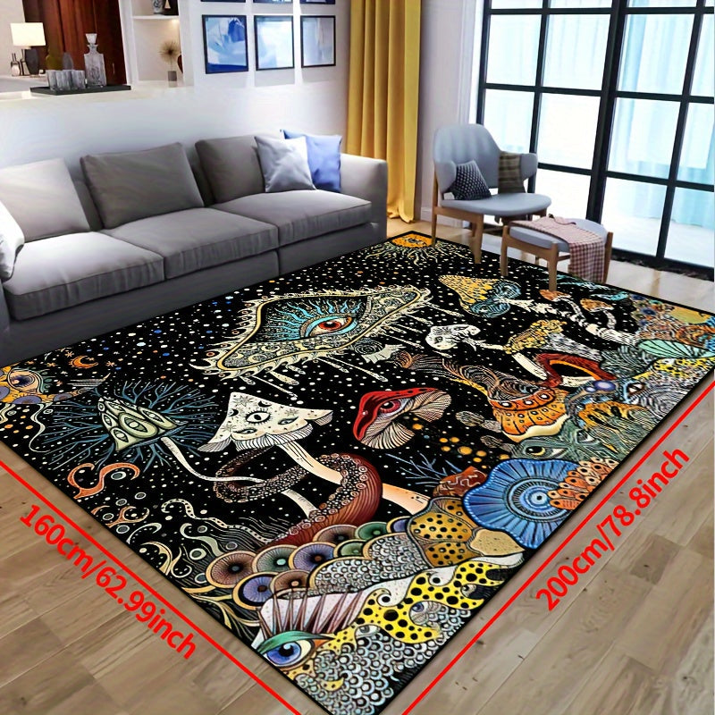 Non-slip, waterproof machine-washable polyester mat featuring a whimsical octopus and mushroom eyes design. Ideal for living room, bedroom, nursery, and outdoor spaces.