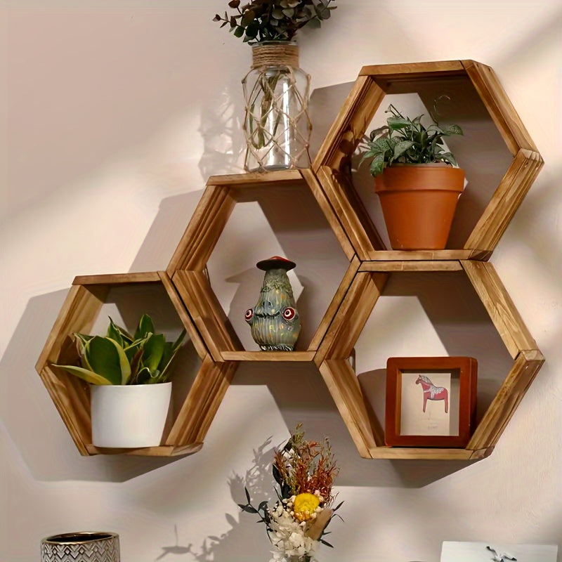 Brown Wood Hexagon Floating Shelf- Ideal for Bedroom and Living Room Decor- Wall-Mounted DIY Home Accent