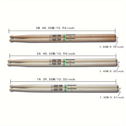 USA-made 5A/7A Hickory Drum Sticks with Classic Wood Tips for Adults. High-quality 5B Logs.