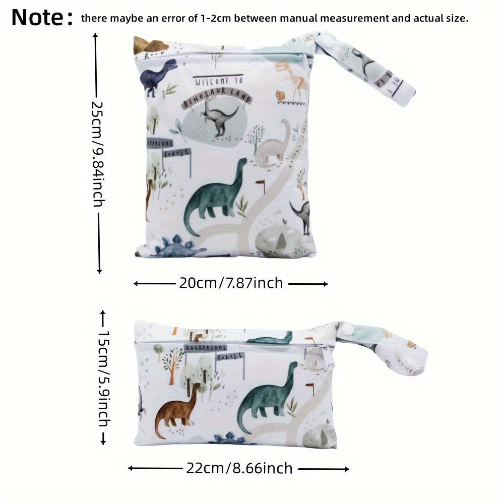 Set of 2 Asenappy Dinosaur Print Wet & Dry Bags, Made with Polyester Fiber for Waterproof and Reusable Diaper and Laundry Storage. Can also be Used as Makeup, Stroller, and Toy Organizer for Ages 14 and Up.