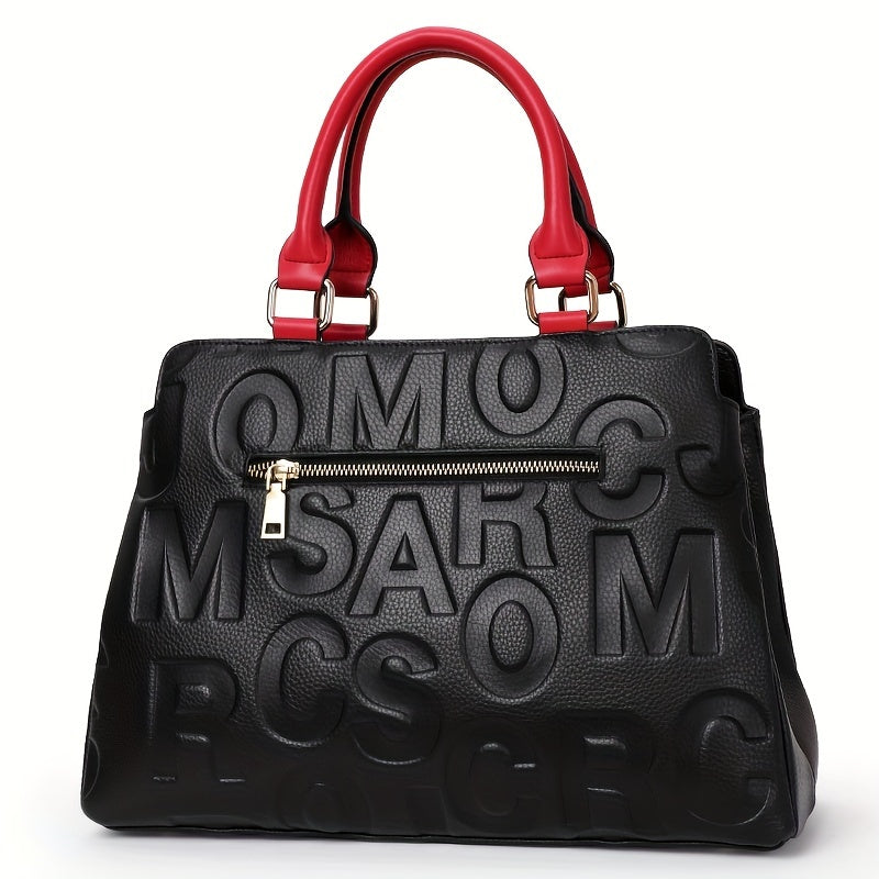 Luxury leather tote bag with embossed letters for women.