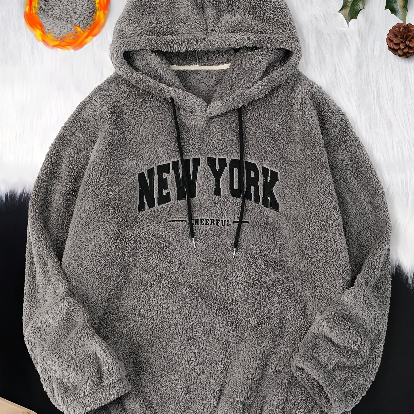 Men's cozy fleece hoodie with drop shoulder, embroidered "New York", perfect for winter/fall back to school.