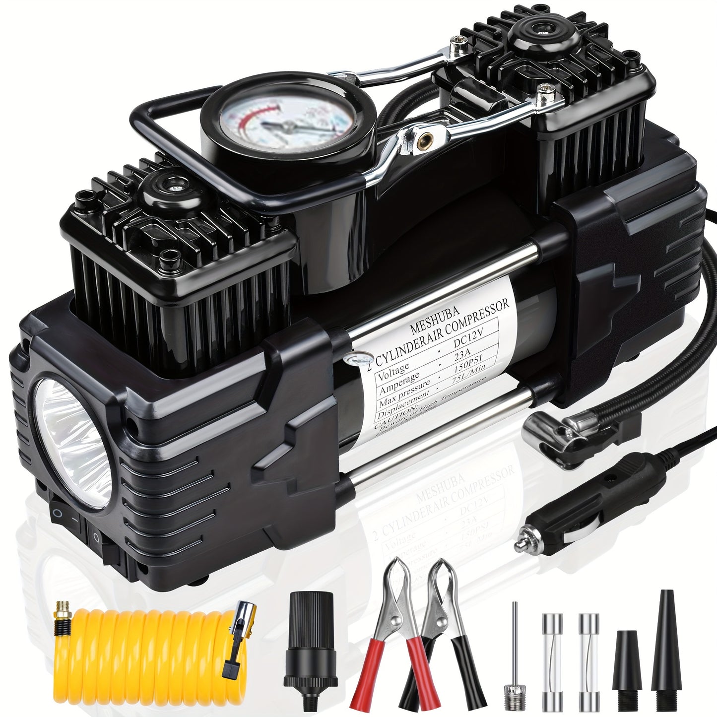 MESHUBA Portable Twin Cylinder Air Compressor: 12V Tire Inflator with Gauge & Emergency Light, for Cars and Bikes.