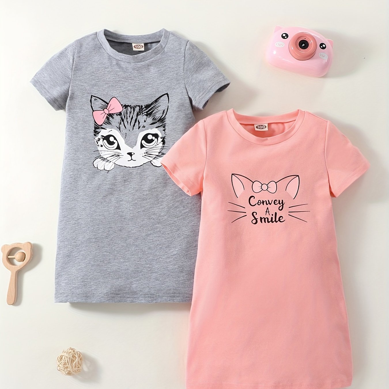 Girls' cat print dress set with round neck and matching t-shirt, ideal for summer casual wear