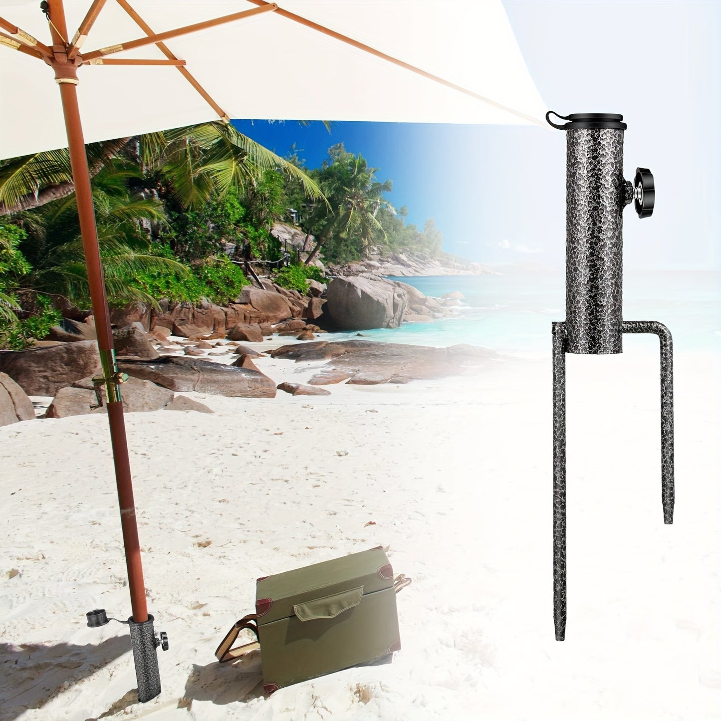 Portable umbrella base stand made of heavy-duty steel with rubber feet for stability. Fits 28-32mm poles, suitable for outdoor use. Features a sleek metallic design with a textured steel