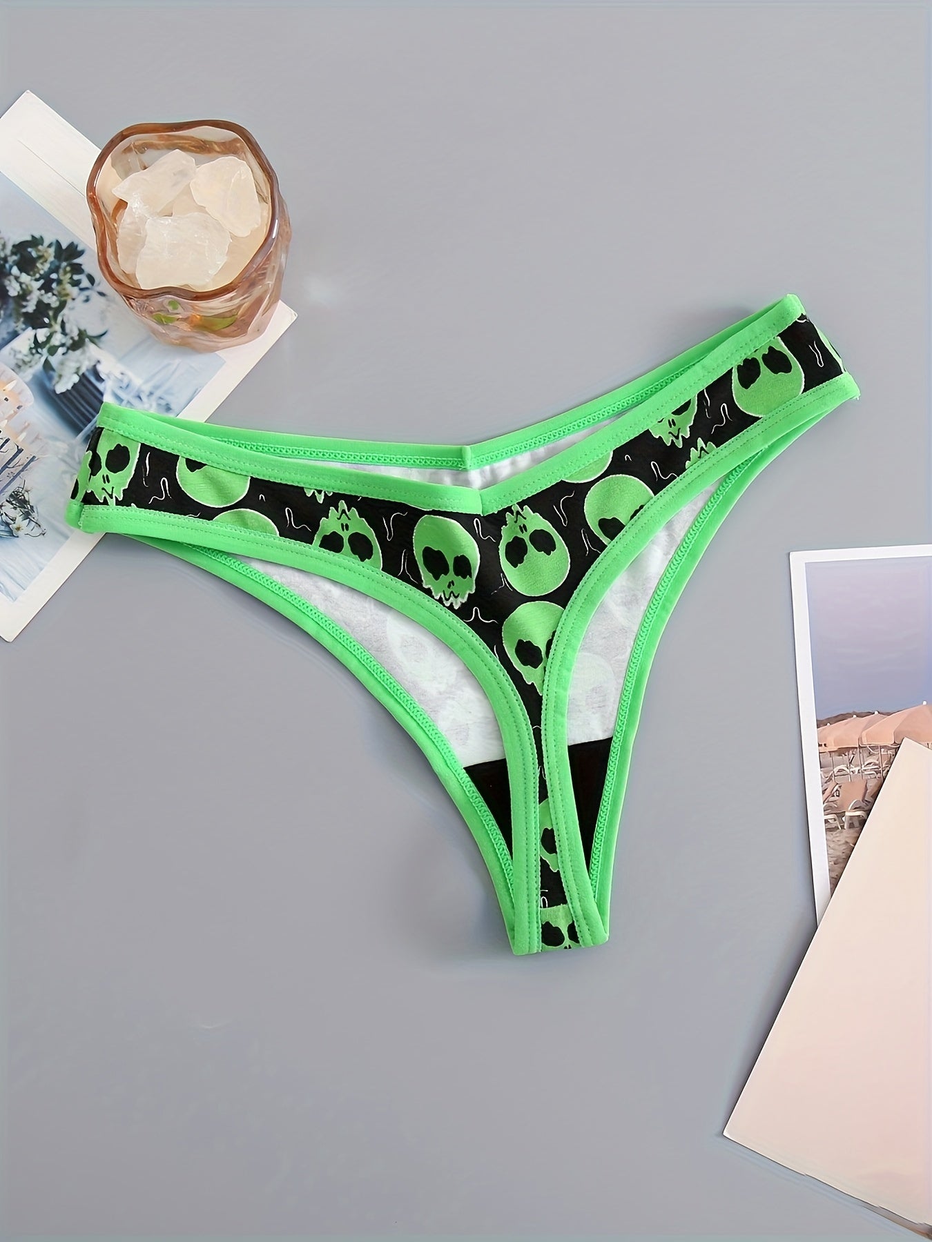 3 Skull Print Thongs, Soft & Stretchy Women's Lingerie