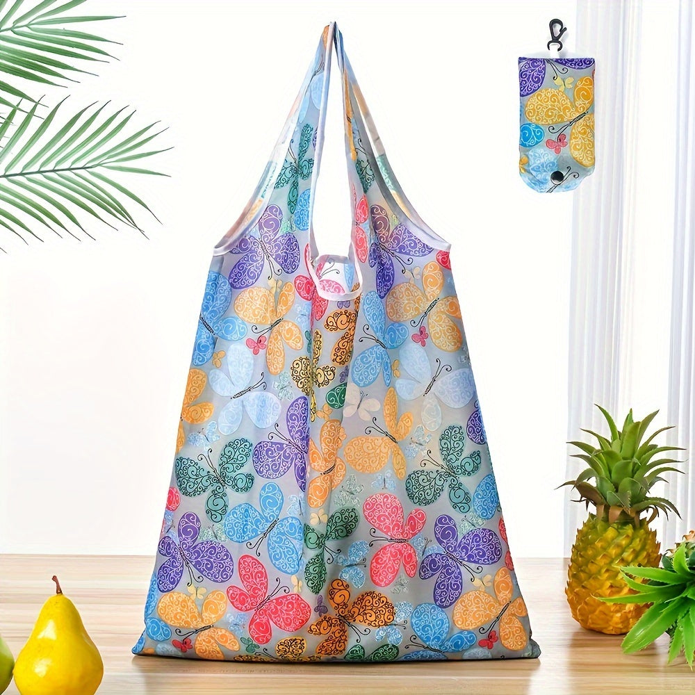 Large Foldable Tote Bag with Vibrant Floral Pattern, Made of Durable Polyester, Ideal for Outdoor Activities - Includes Shoulder Straps and Carabiner Closure, Great for Shopping and Reusable.