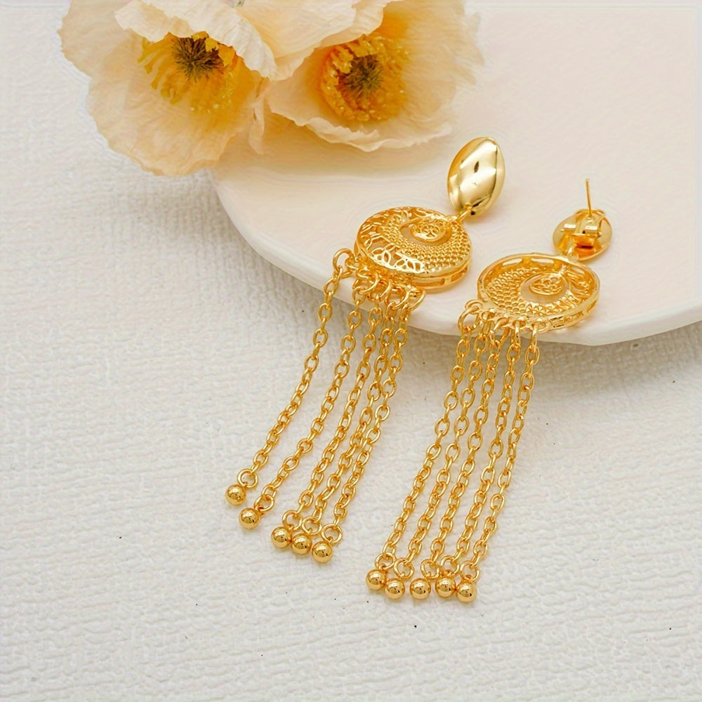 Elegant Urban Fashion Jewelry Set with 24K Gold Plating - Includes Zinc Alloy Tassel Necklace, Earrings, Bracelet, and Ring - Ideal for Weddings and Special Events - No Mosaic Design