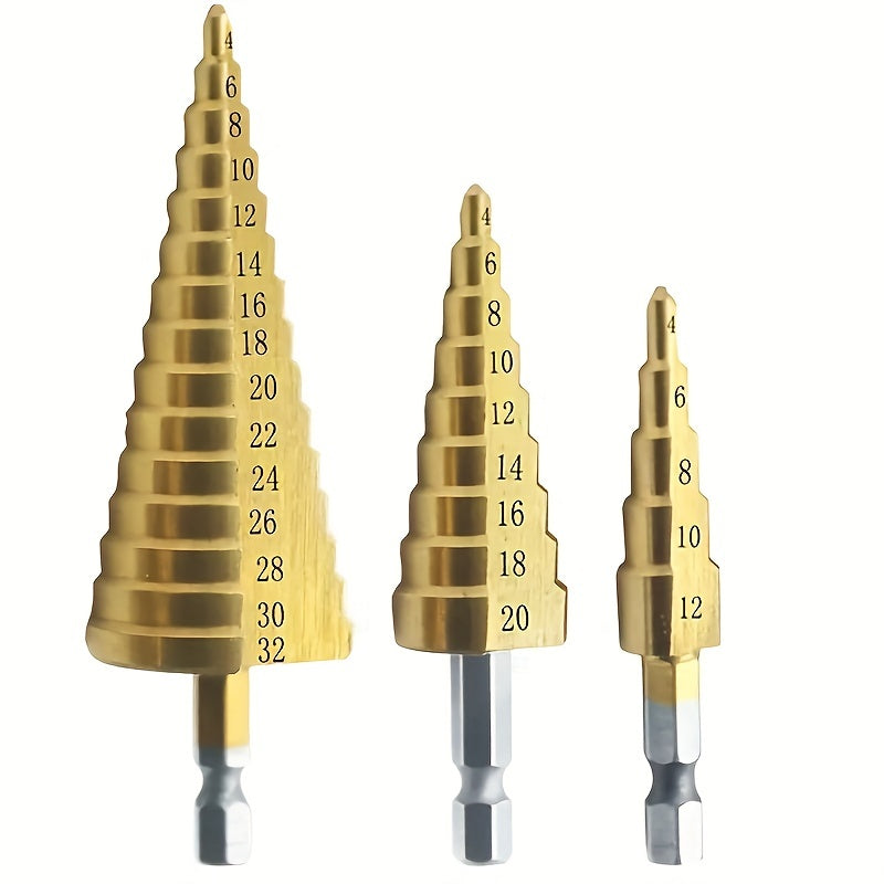 Titanium step drill bit for wood and metal cutting, ranging from 4 to 32mm, featuring high-speed steel and hex head design.