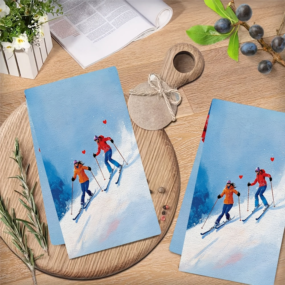 Add a touch of charm to your kitchen with this set of two ultra-soft dish towels adorned with a delightful illustration of a couple skiing gracefully down a snowy hill. The skiers move side by side, executing elegant turns with ski poles featuring