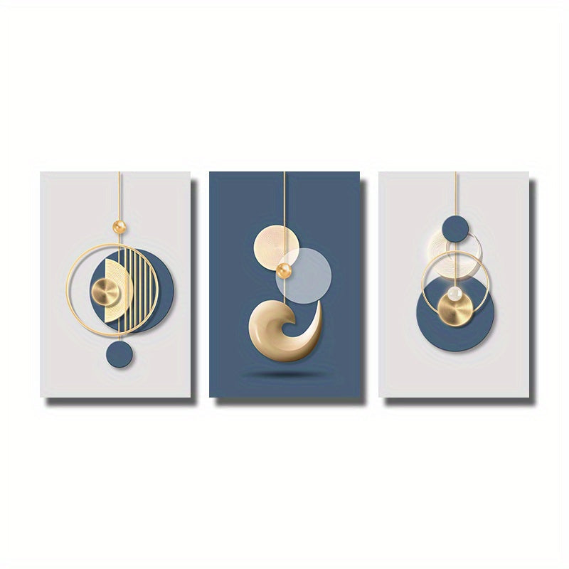 3-piece set of modern wall art paintings in golden blue abstract graphic poster luxury style, featuring creative HD pictures on large canvas prints for minimalist home decoration. Suitable for living room and office room decor, frameless, measuring