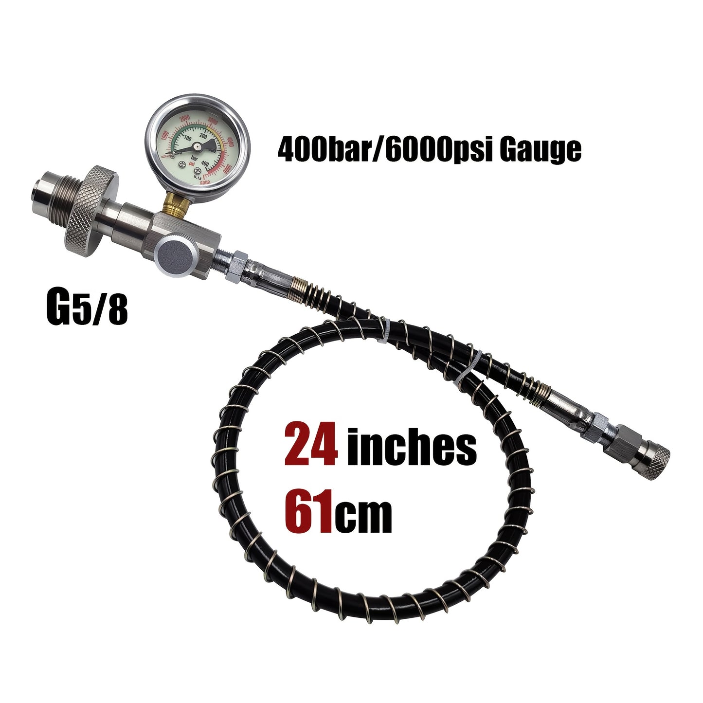 High-pressure diving filling station adapter kit with 6000psi gauge, stainless steel, includes quick disconnect hose for transferring gas from large tanks to small bottles.